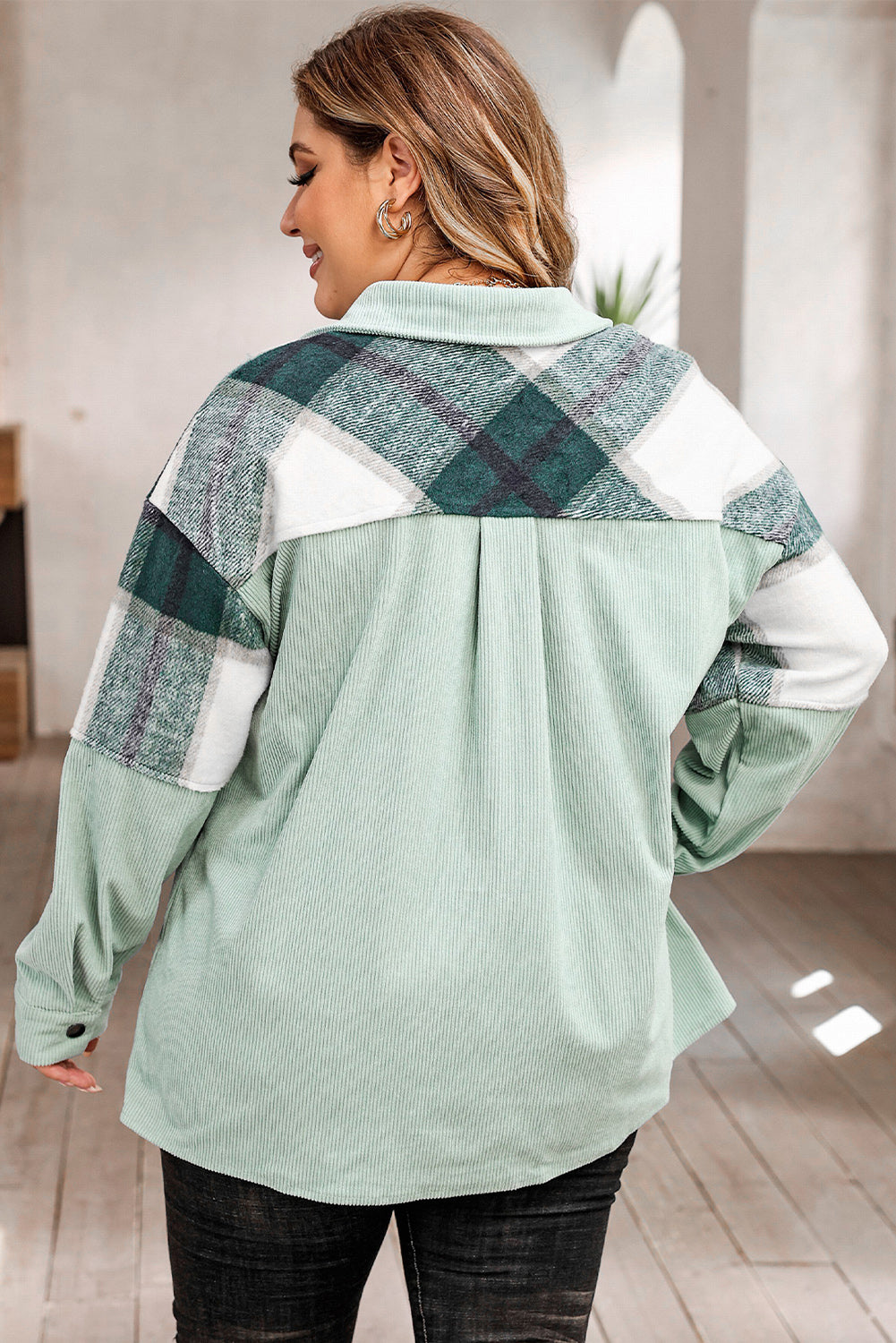 Green Plaid Patchwork Plus Size Corduroy Shacket