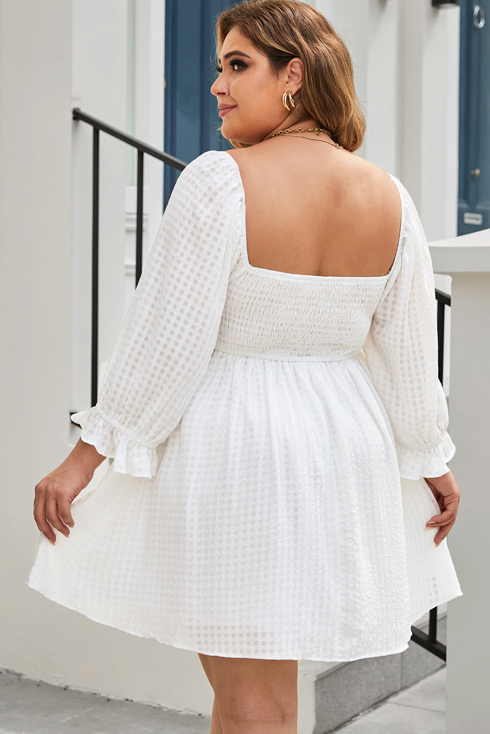 White Gingham Square Neck Puff Sleeve Plus Size Dress