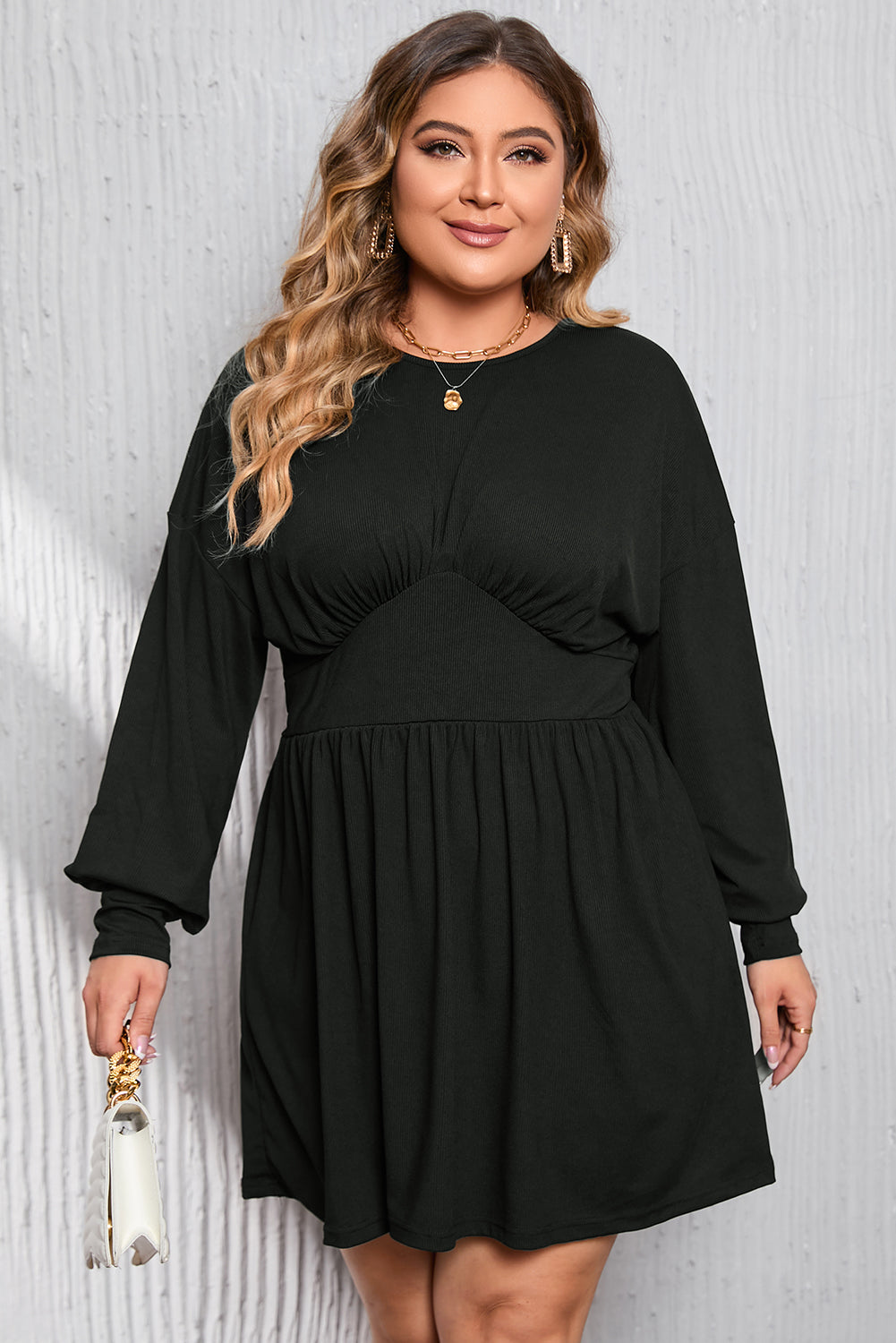 Black Plus Size Ribbed Knit Long Sleeve Tunic Babydoll Top