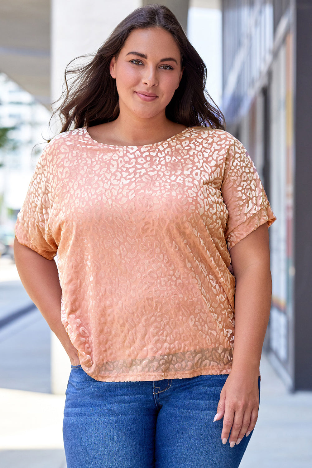 Pink Plus Size Ombre Glitter Leopard T-shirt