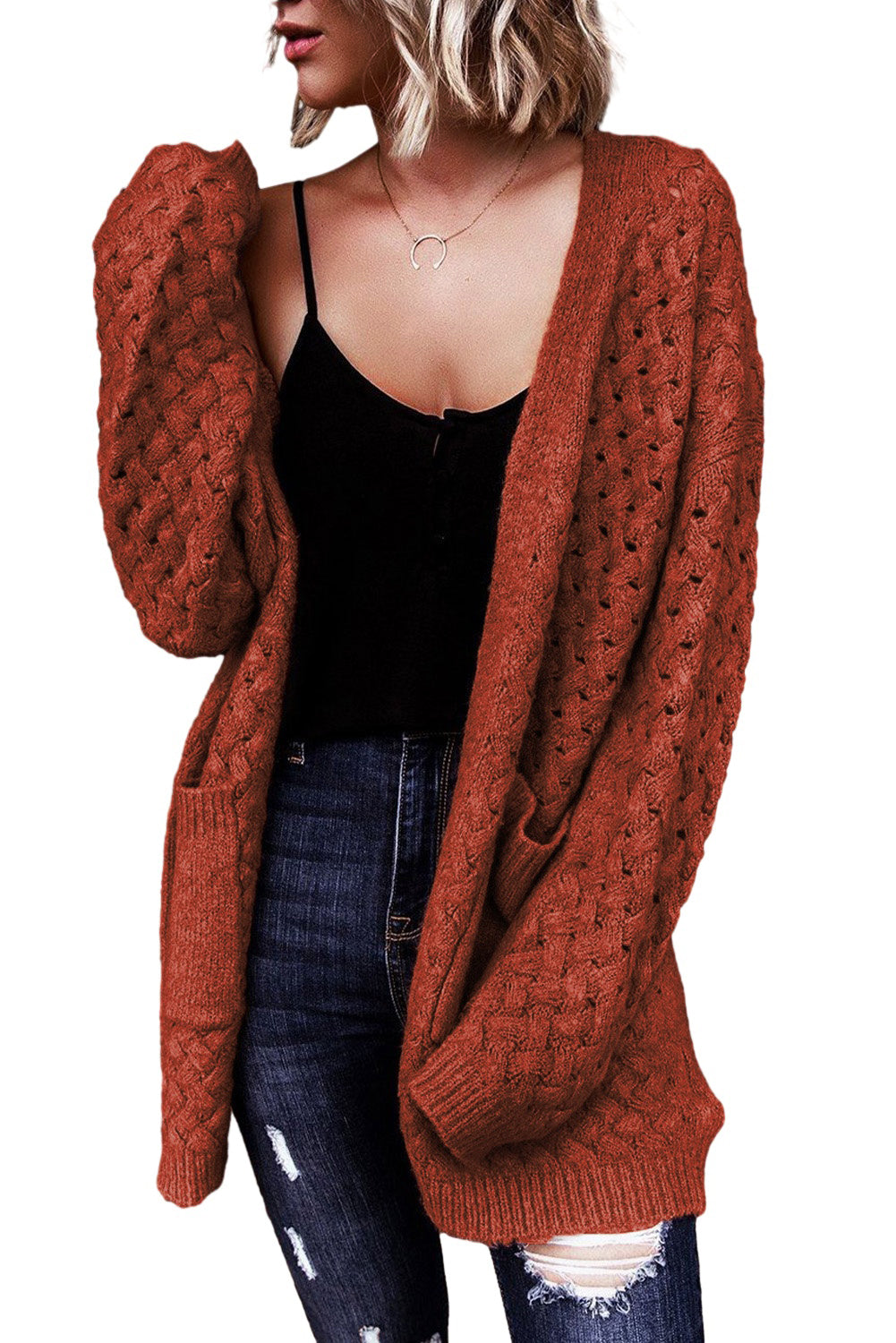 Chestnut Weave Knit Side Pockets Plus Size Cardigan