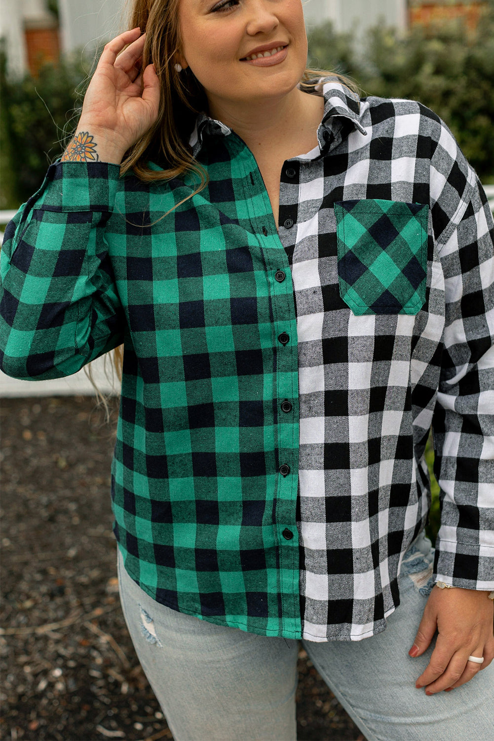 Sea Green Plaid Color Block Buttoned Plus Size Shacket