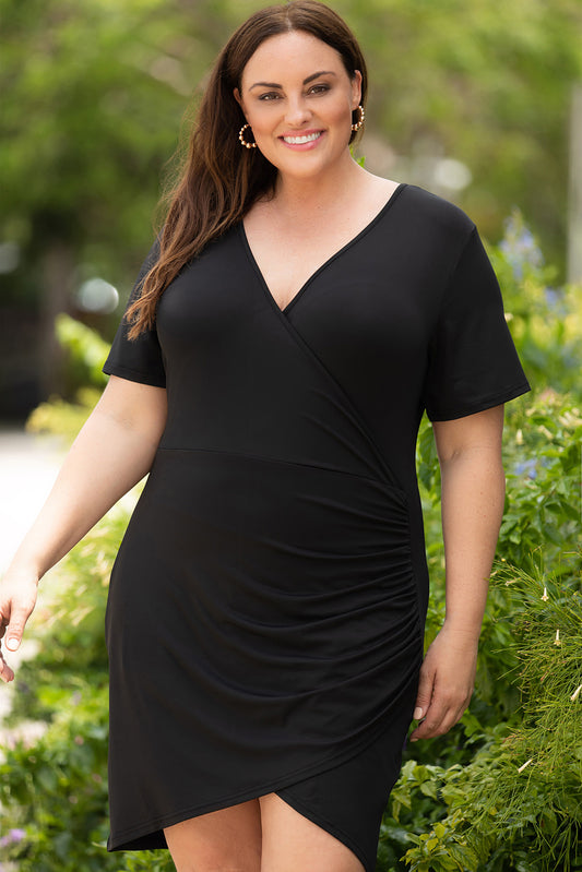 Black Wrap Ruched Short Sleeves Plus Size Mini Dress