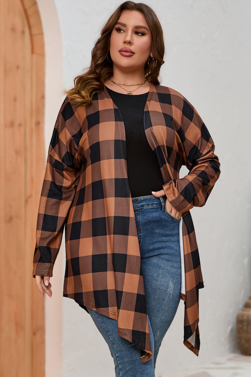 Brown Plus Size Plaid Pattern Open Front Cardigan