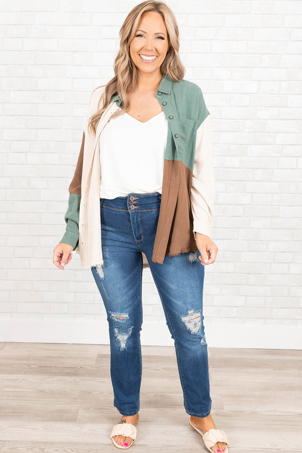 Green Colorblock Raw Edge Plus Size Shirt