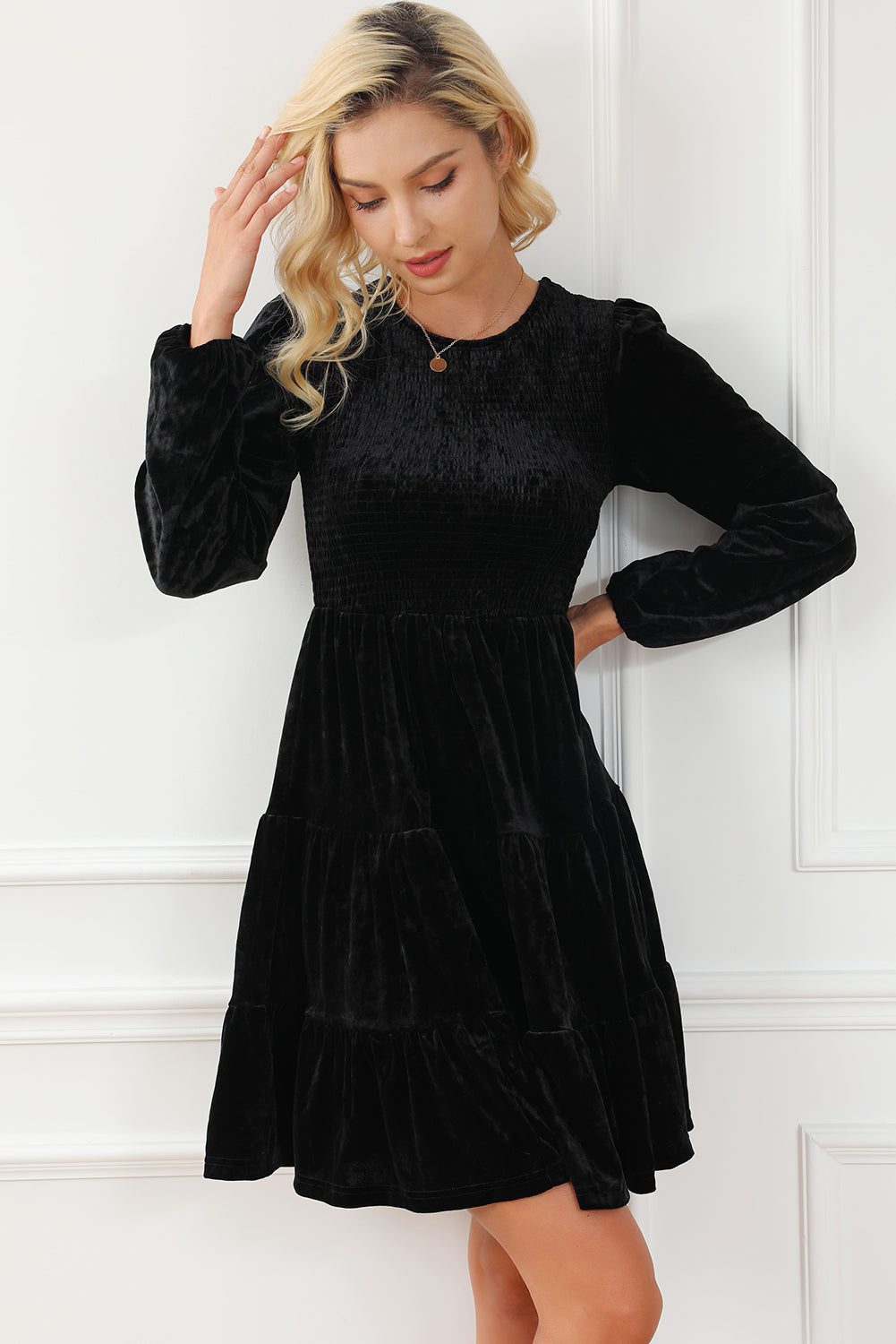 Black Velvet Smocked Puff Sleeve Ruffle Mini Dress