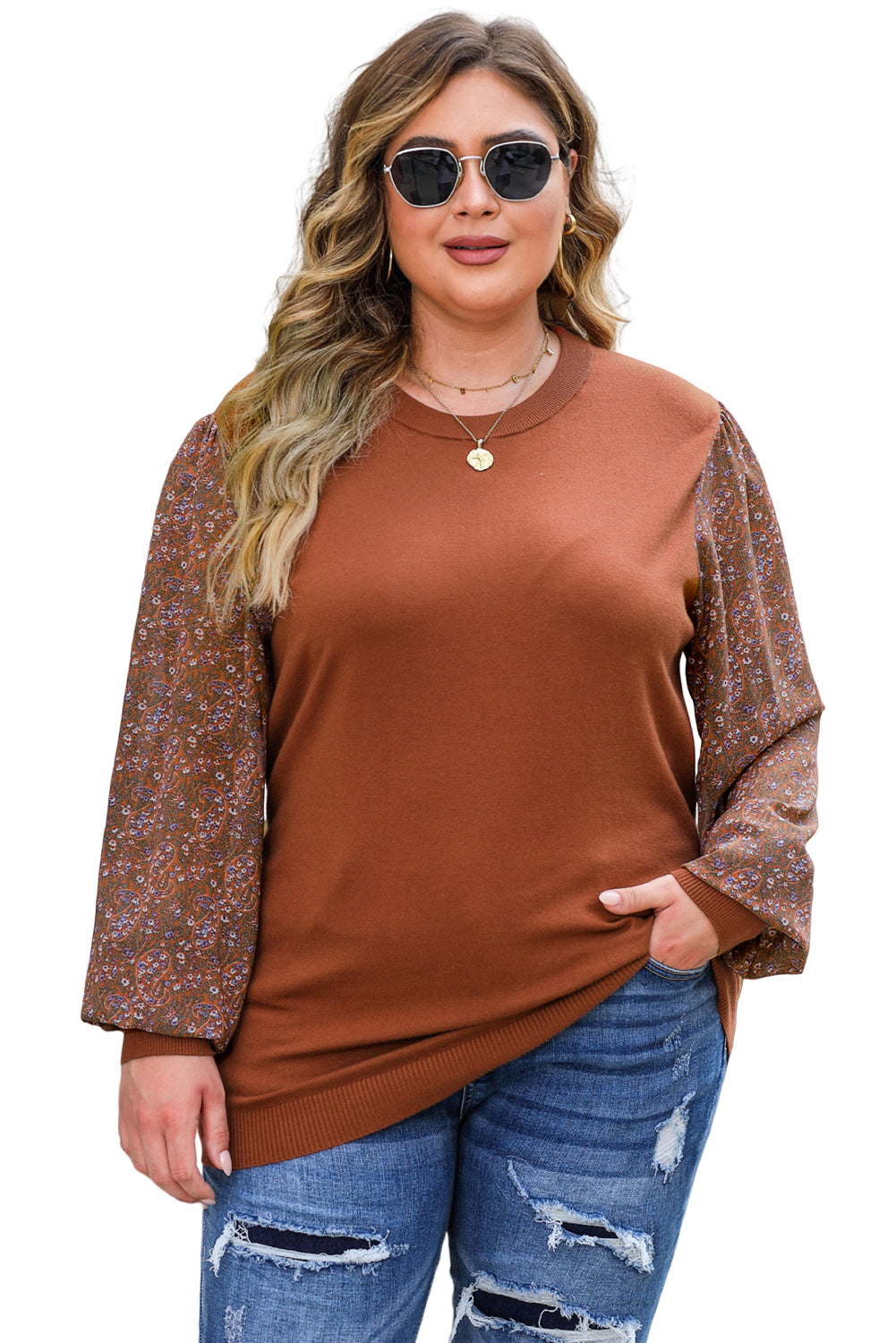 Brown Plus Size Printed Splicing Sleeve Ribbed Trim Sweater