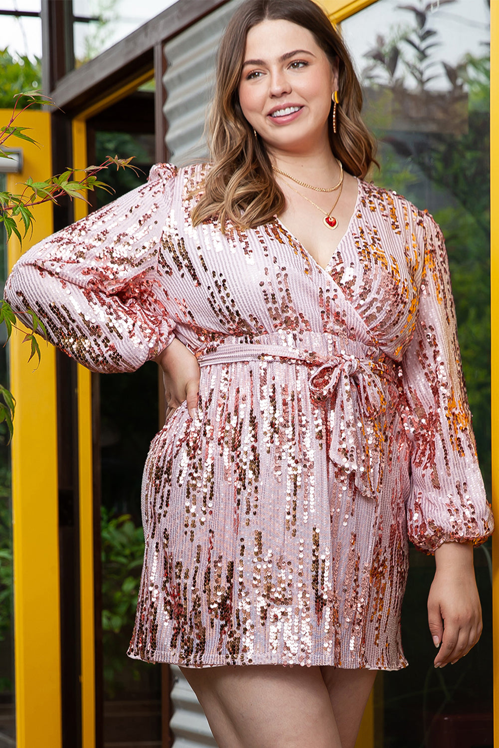 Pink Sequin Bubble Sleeves Short Wrap Dress