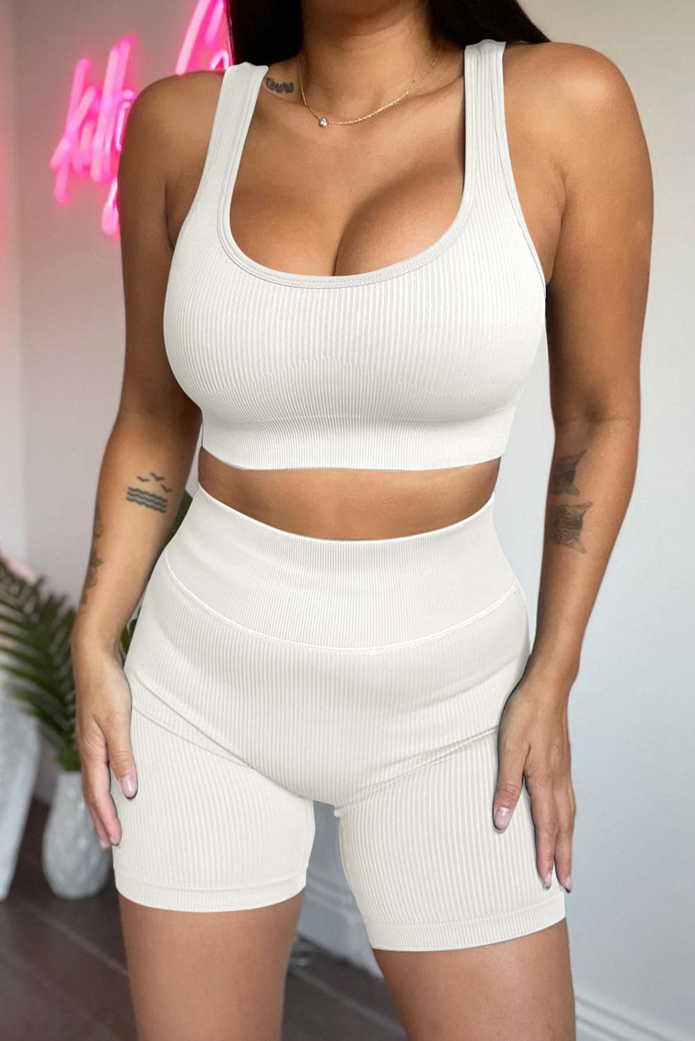 White 2pcs Solid Color Ribbed Knit Yoga Set