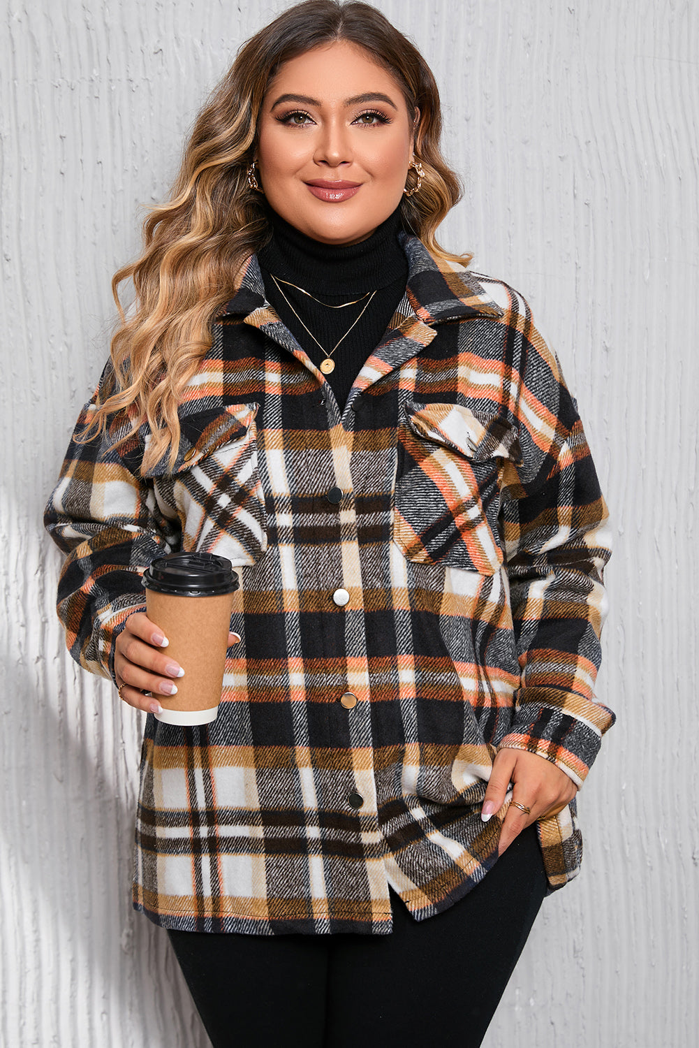 Navy Blue Plus Size Plaid Flap Pocket Shacket