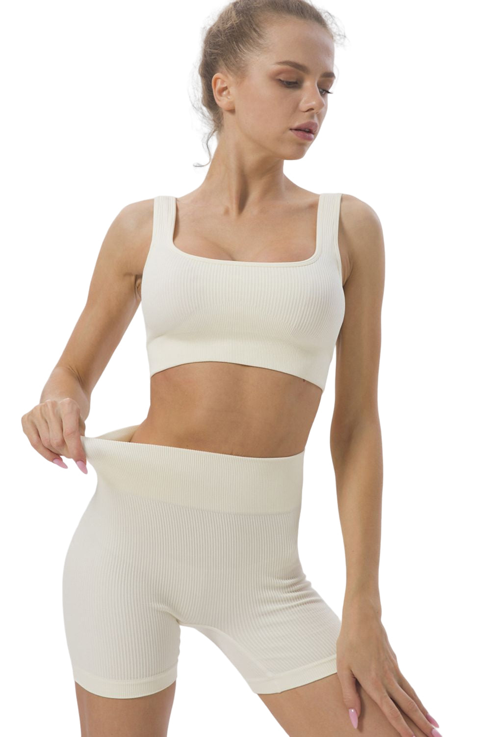 White 2pcs Solid Color Ribbed Knit Yoga Set