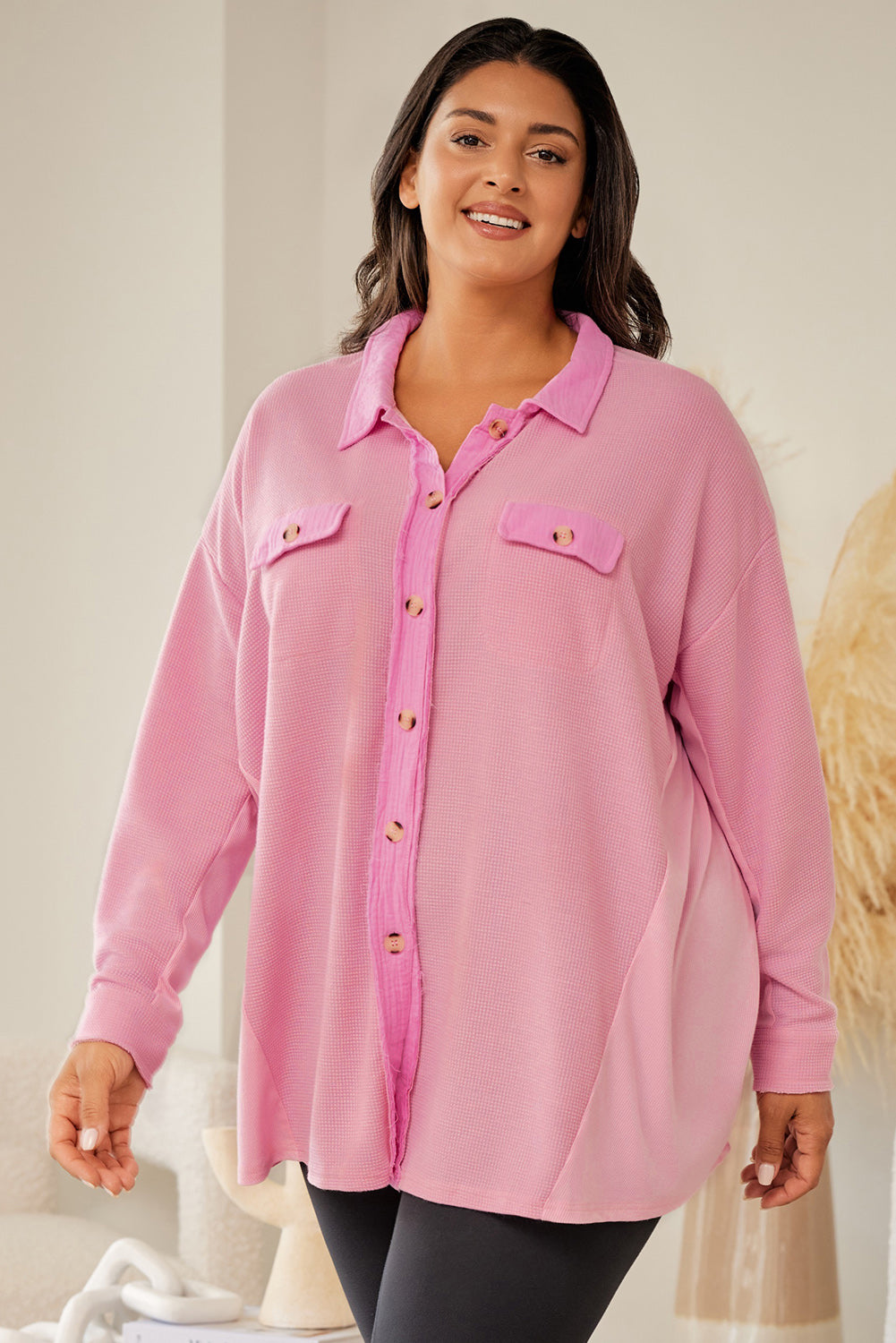 Pink Plus Size Waffle Knit Exposed Seam Shirt