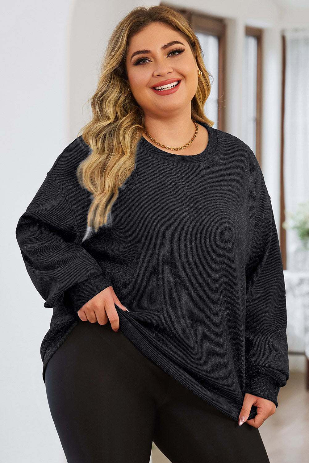 Black Plus Size Corded Round Neck Sweatshirt