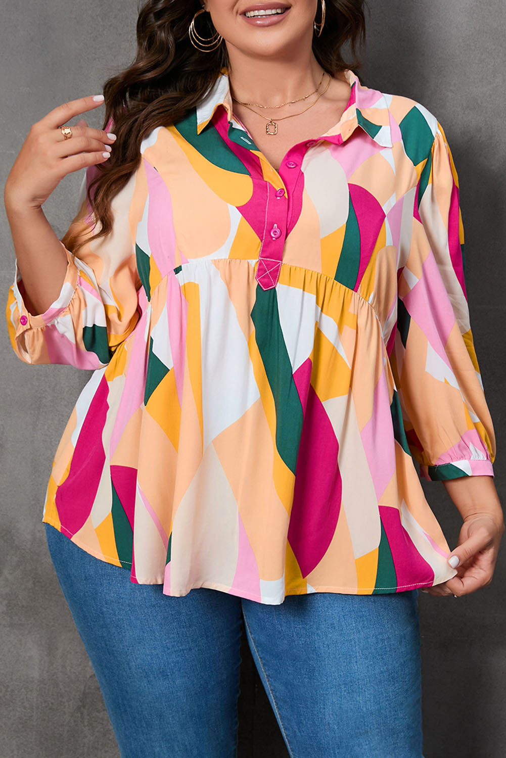 Ginger Plus Size Geometric Print Bracelet Sleeve Flowy Blouse