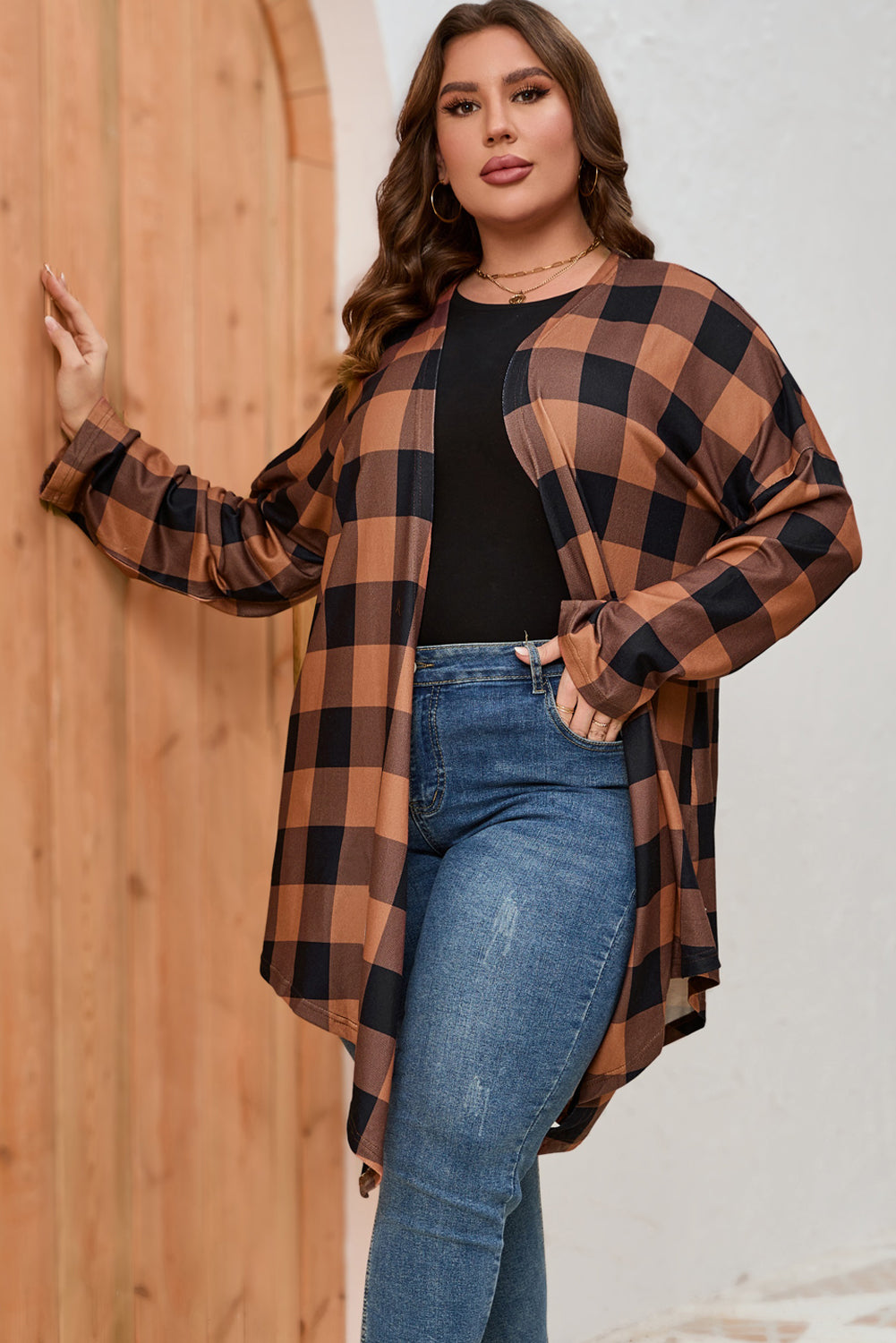 Brown Plus Size Plaid Pattern Open Front Cardigan