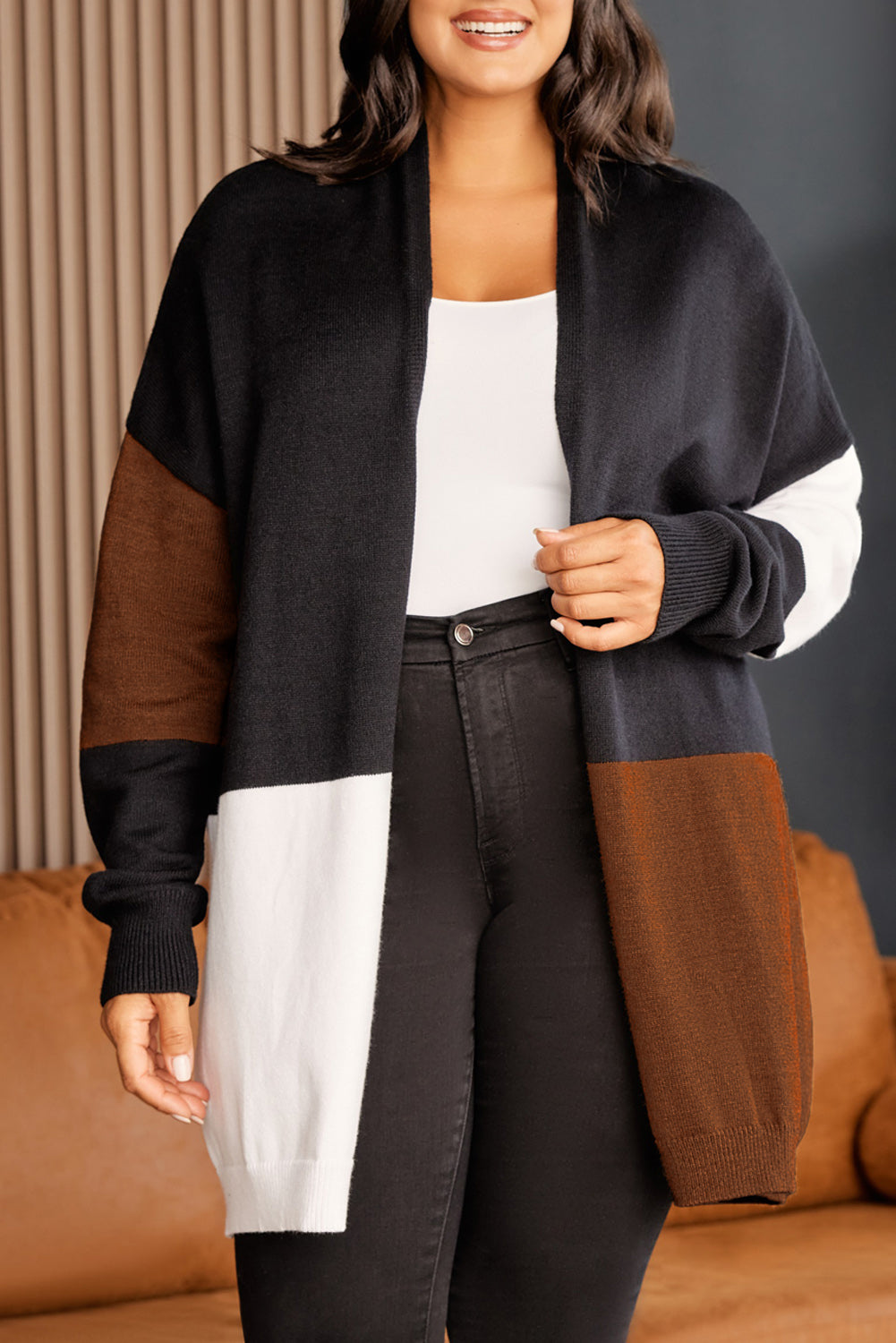 Brown Plus Size Open Front Color Block Cardigan