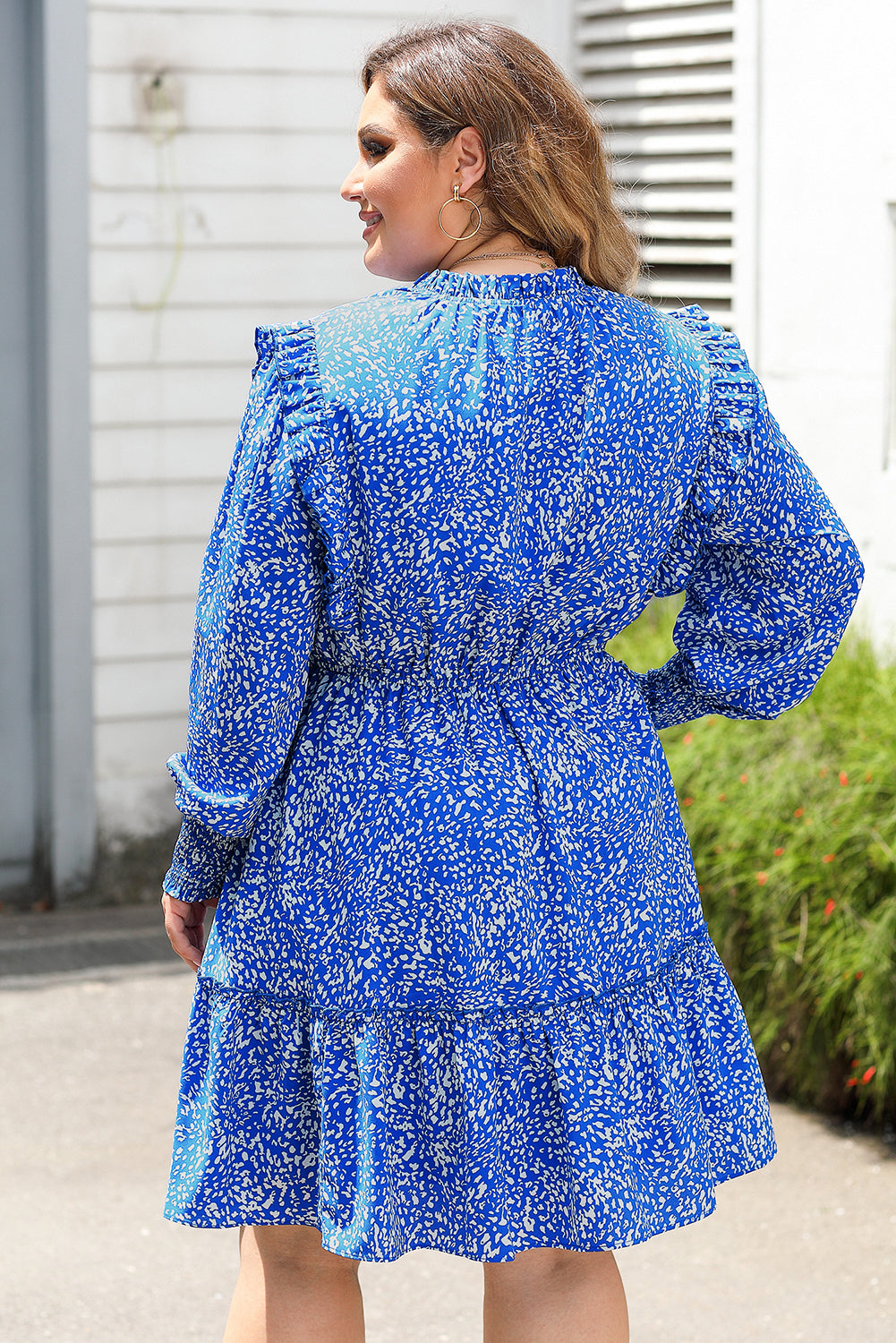 Blue Plus Size Spotted Print Split Neck Ruffle Mini Dress