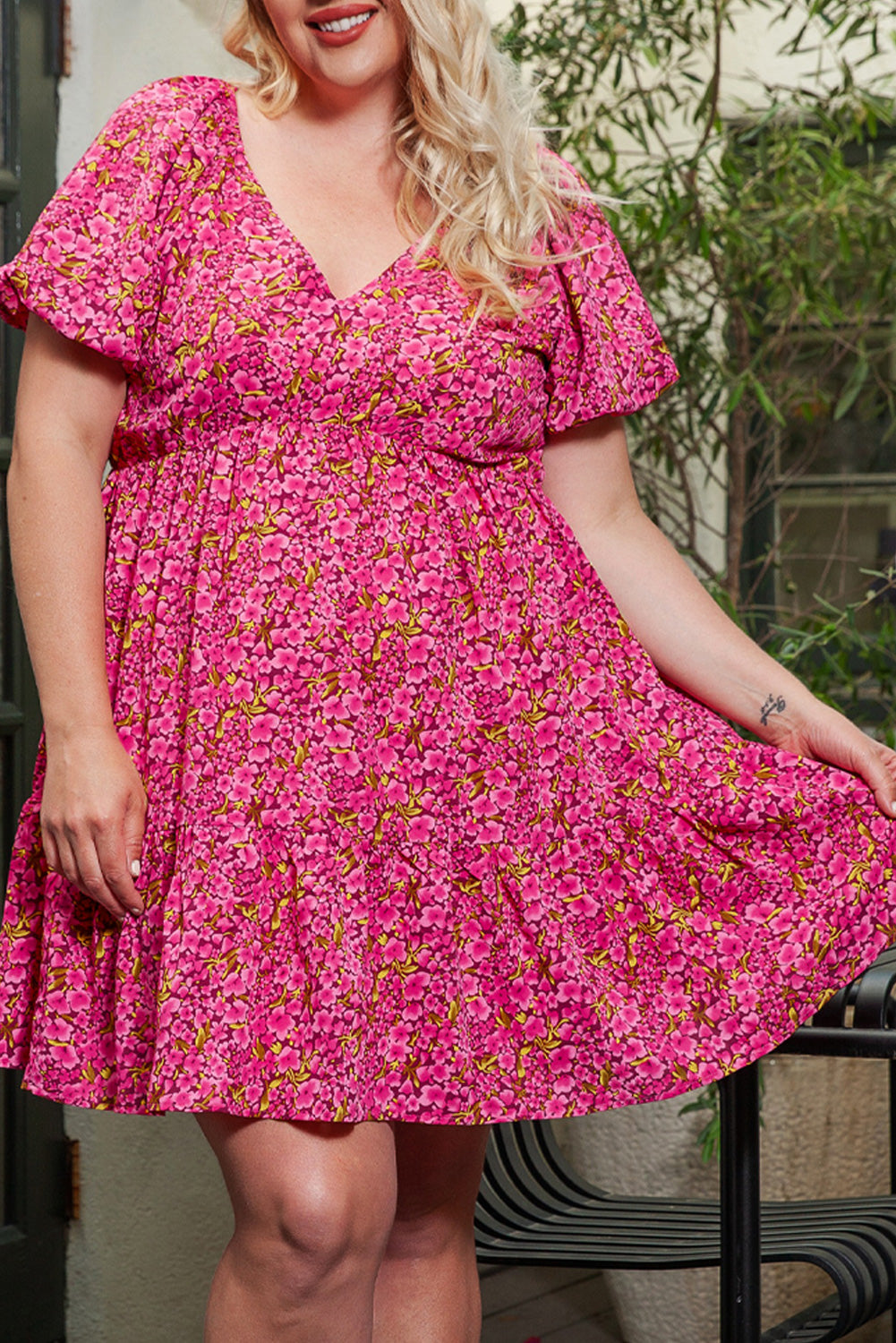 Rose Plus Size Floral V Neck Babydoll Dress