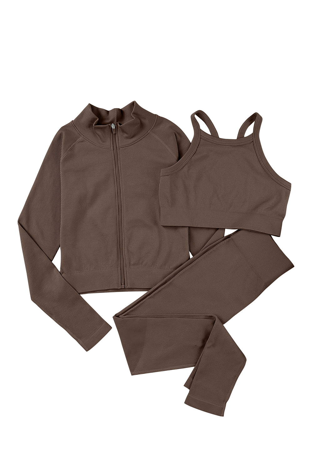 Brown Ribbed Knit 3pcs Sports Set