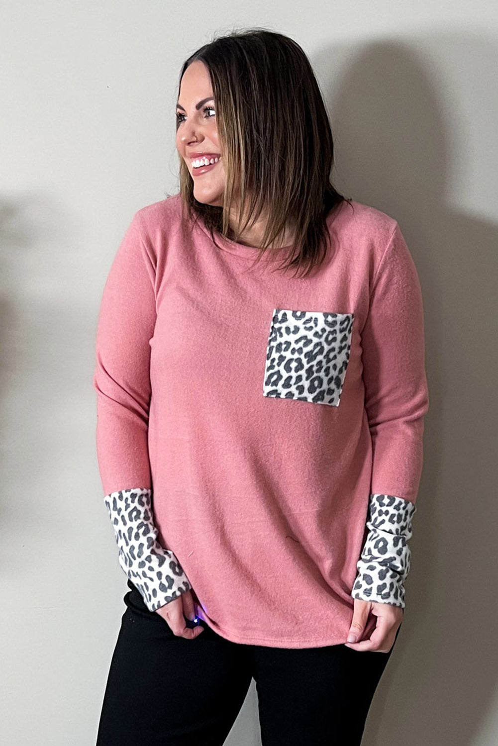 Pink Leopard Cuffs Brushed Plus Size Top