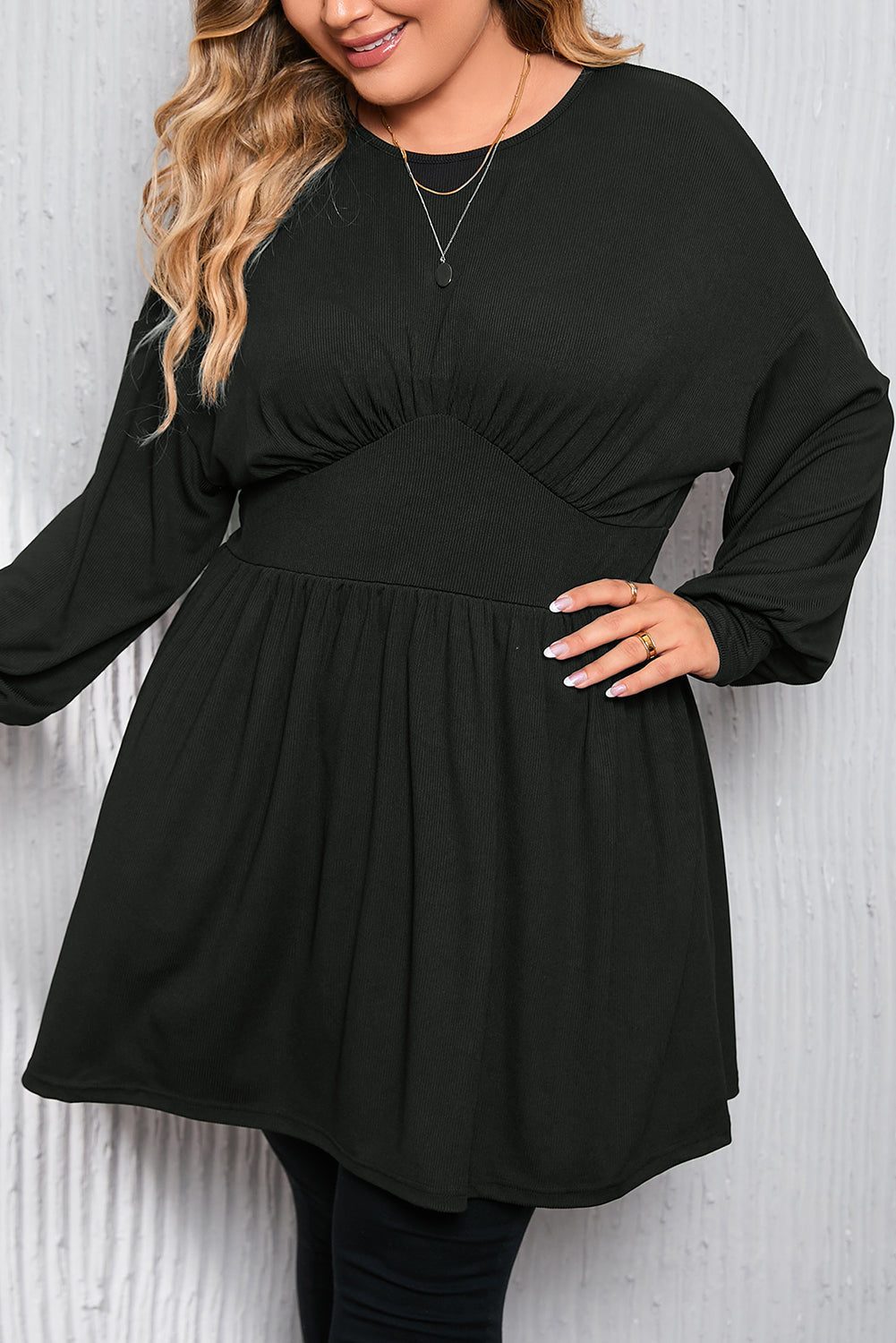 Black Plus Size Ribbed Knit Long Sleeve Tunic Babydoll Top