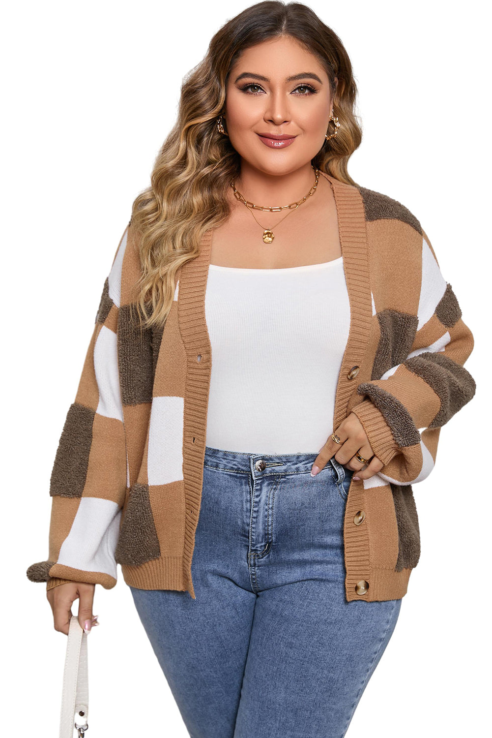 Brown Checkered Knit Ribbed Trim Buttoned Plus Cardigan