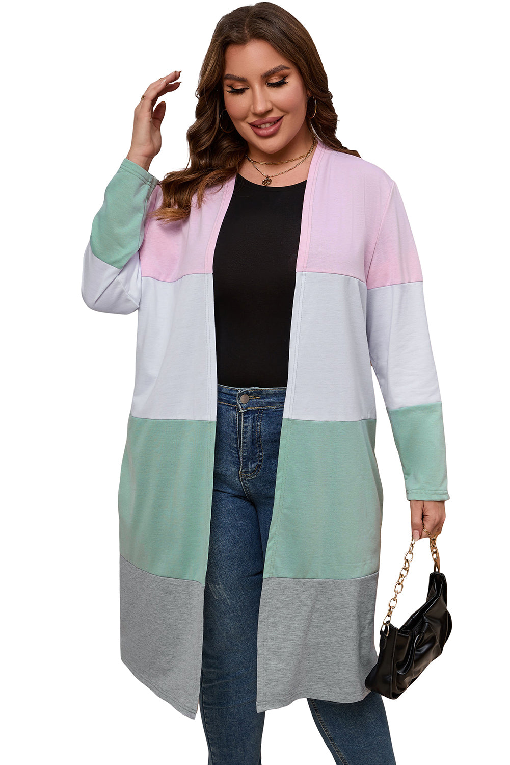 Pink Plus Size Colorblock Open Front Cardigan