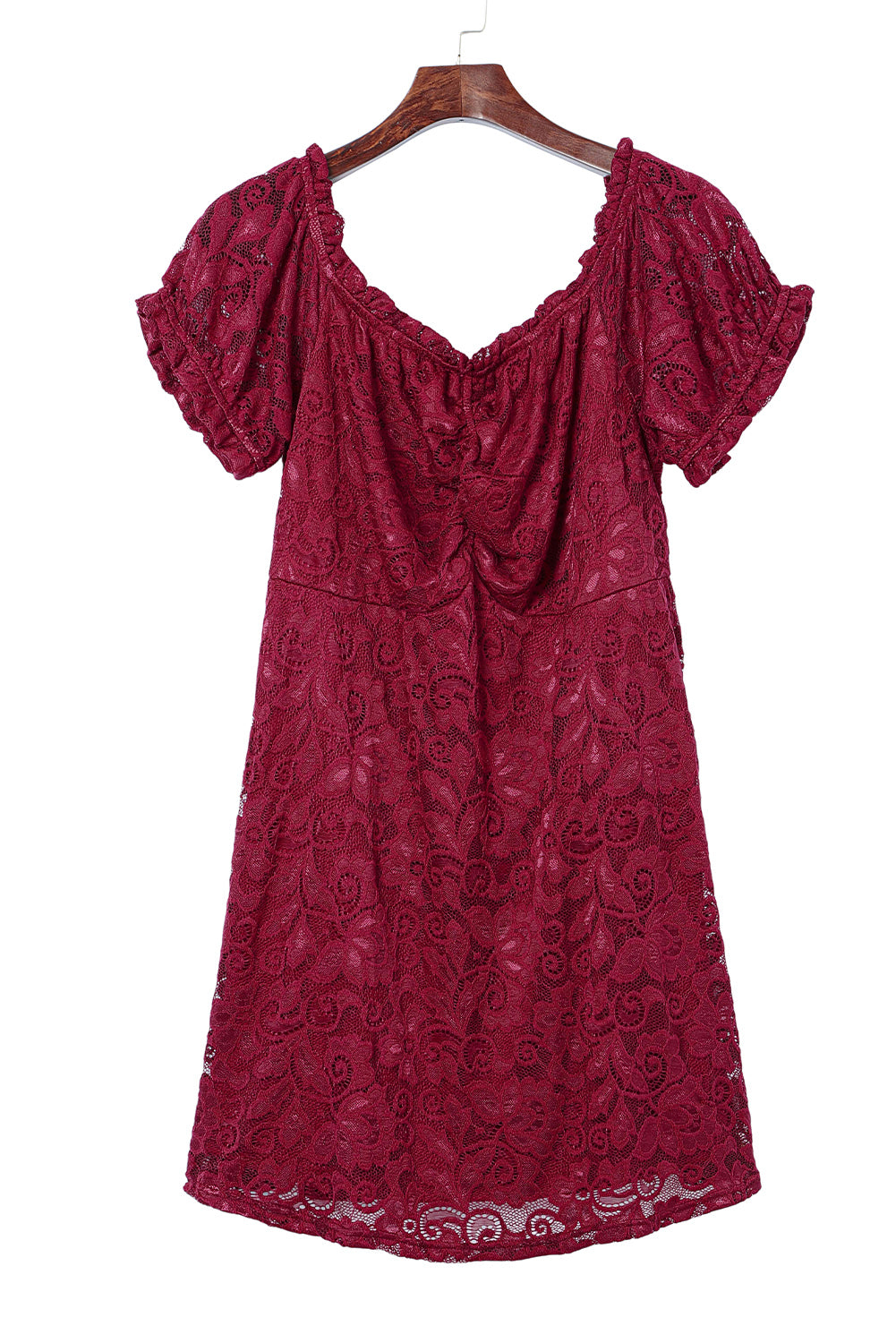 Fiery Red Lace Frill Bubble Sleeve Off Shoulder Plus Size Dress