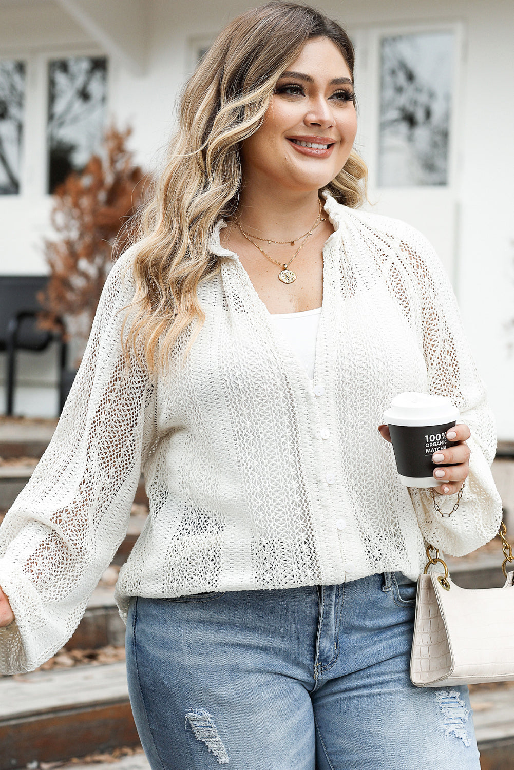 White Plus Size Lace Hollow Out V-Neck Button Up Shirt