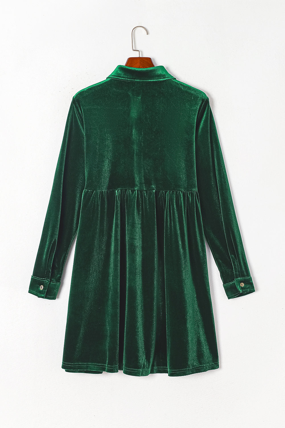 Green Long Sleeve Ruffle Velvet Button Up Dress