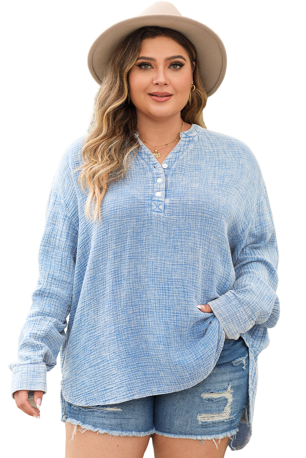 Light Blue Plus Size Split Neck Buttons Crinkled Blouse