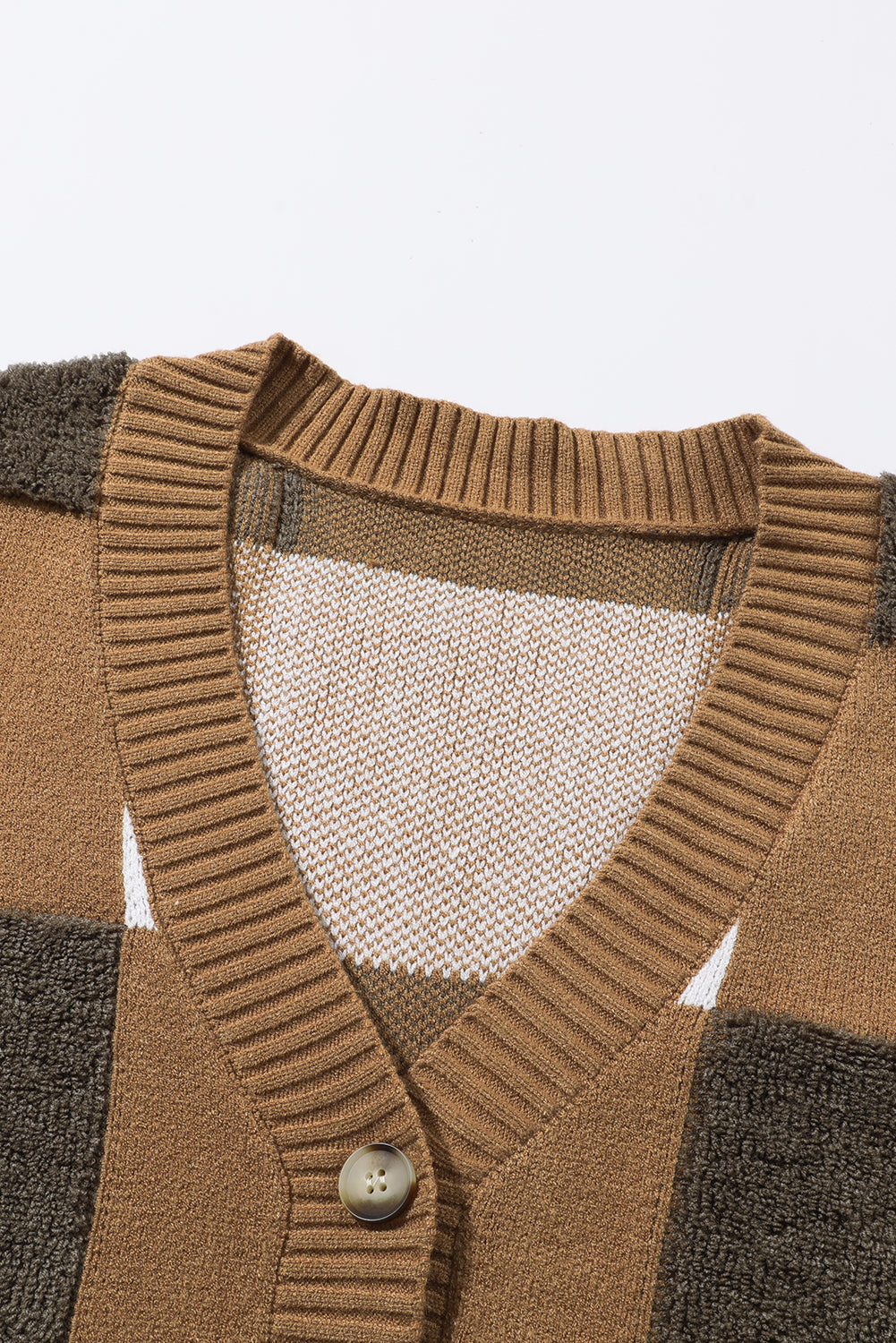 Brown Checkered Knit Ribbed Trim Buttoned Plus Cardigan