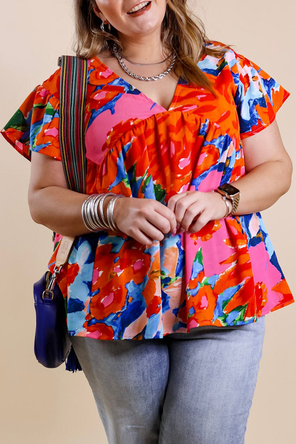 Fiery Red Abstract Floral Print V Neck Plus Blouse