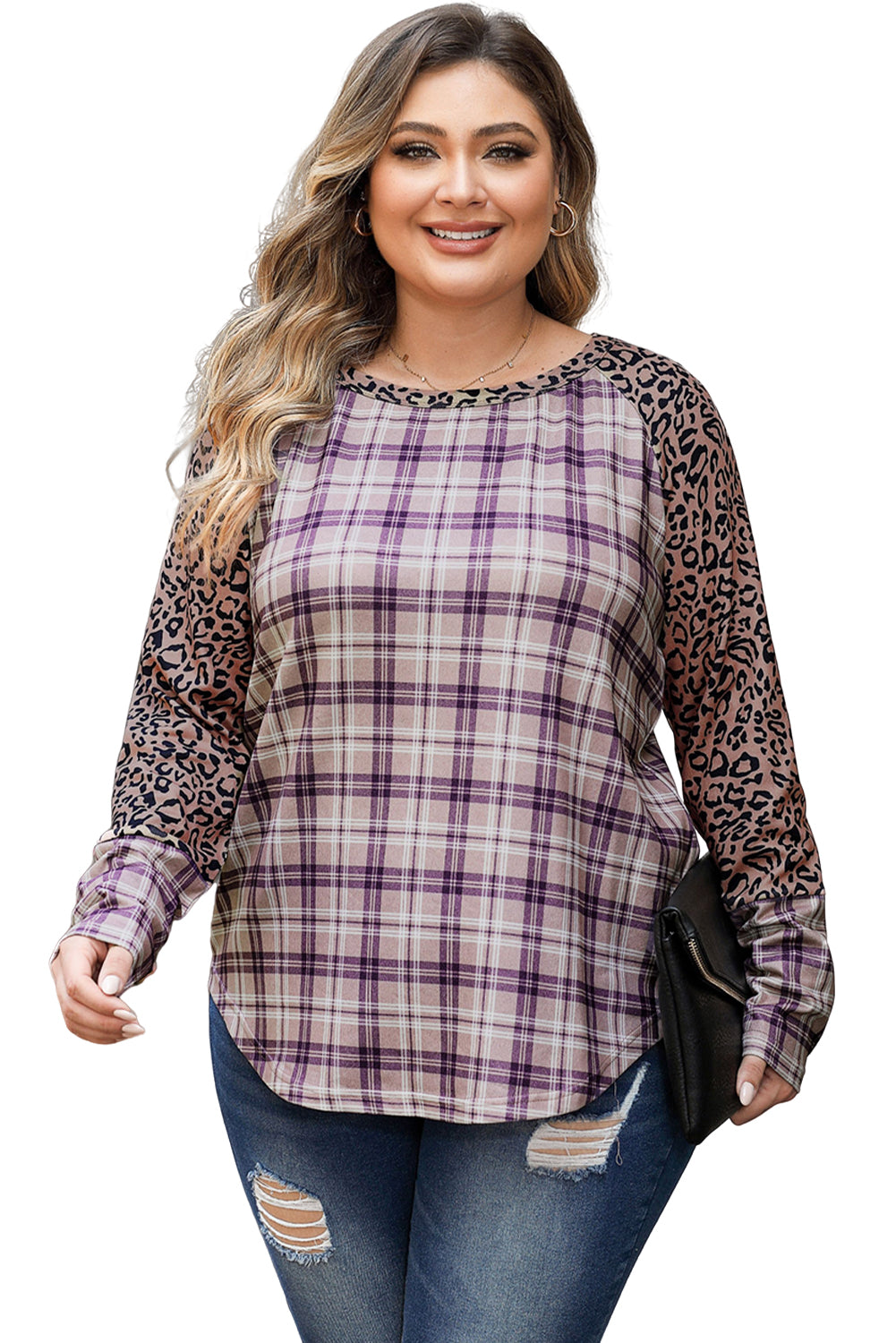 Chestnut Plus Size Leopard Raglan Sleeve Plaid Top