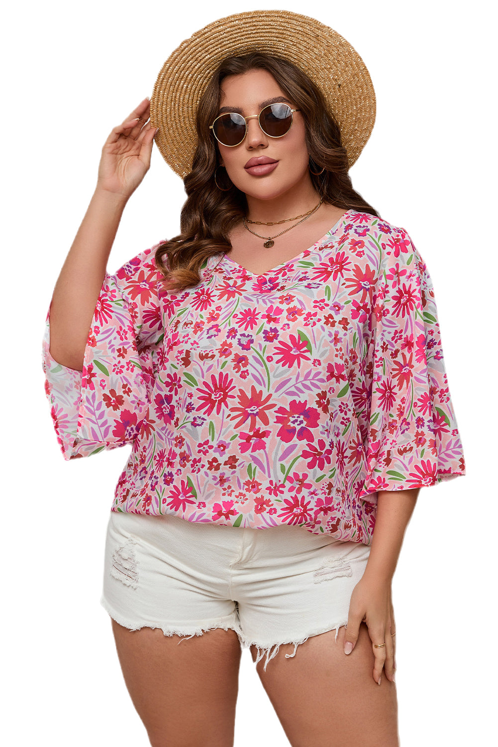 Pink Floral Ruffled Half Sleeve V-Neck Plus Size Blouse