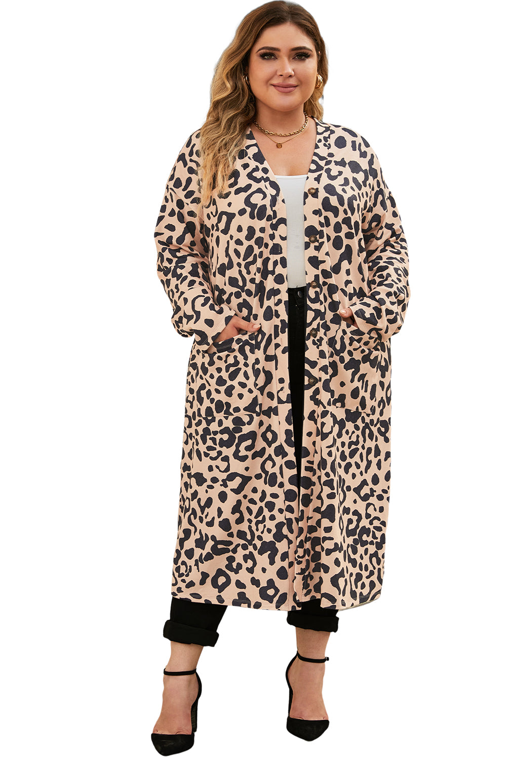 Leopard Plus Size Open Front Pocketed Long Cardigan