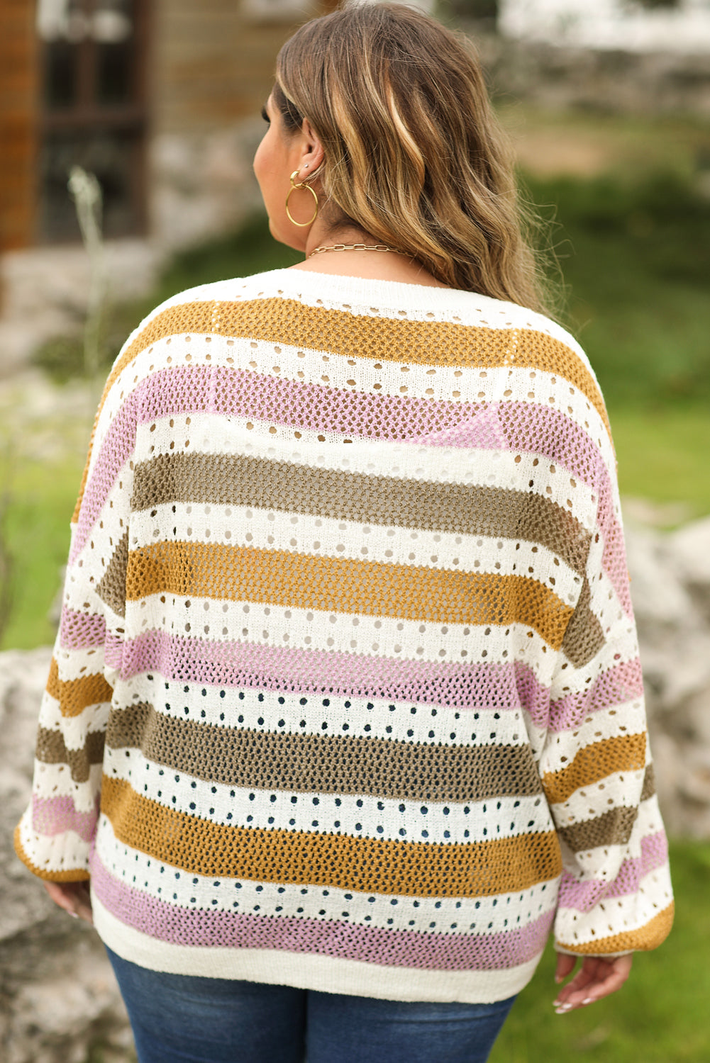 Multicolor Plus Size Striped Hollowed Knitted Loose Sweater