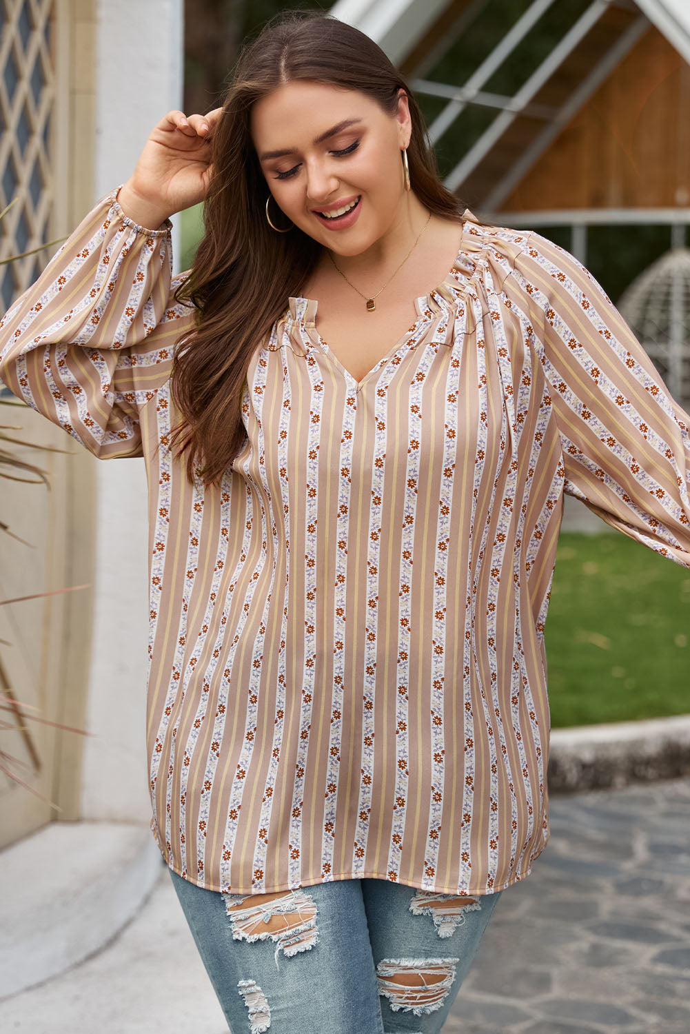 Pink Plus Size Printed Split Neck Blouse