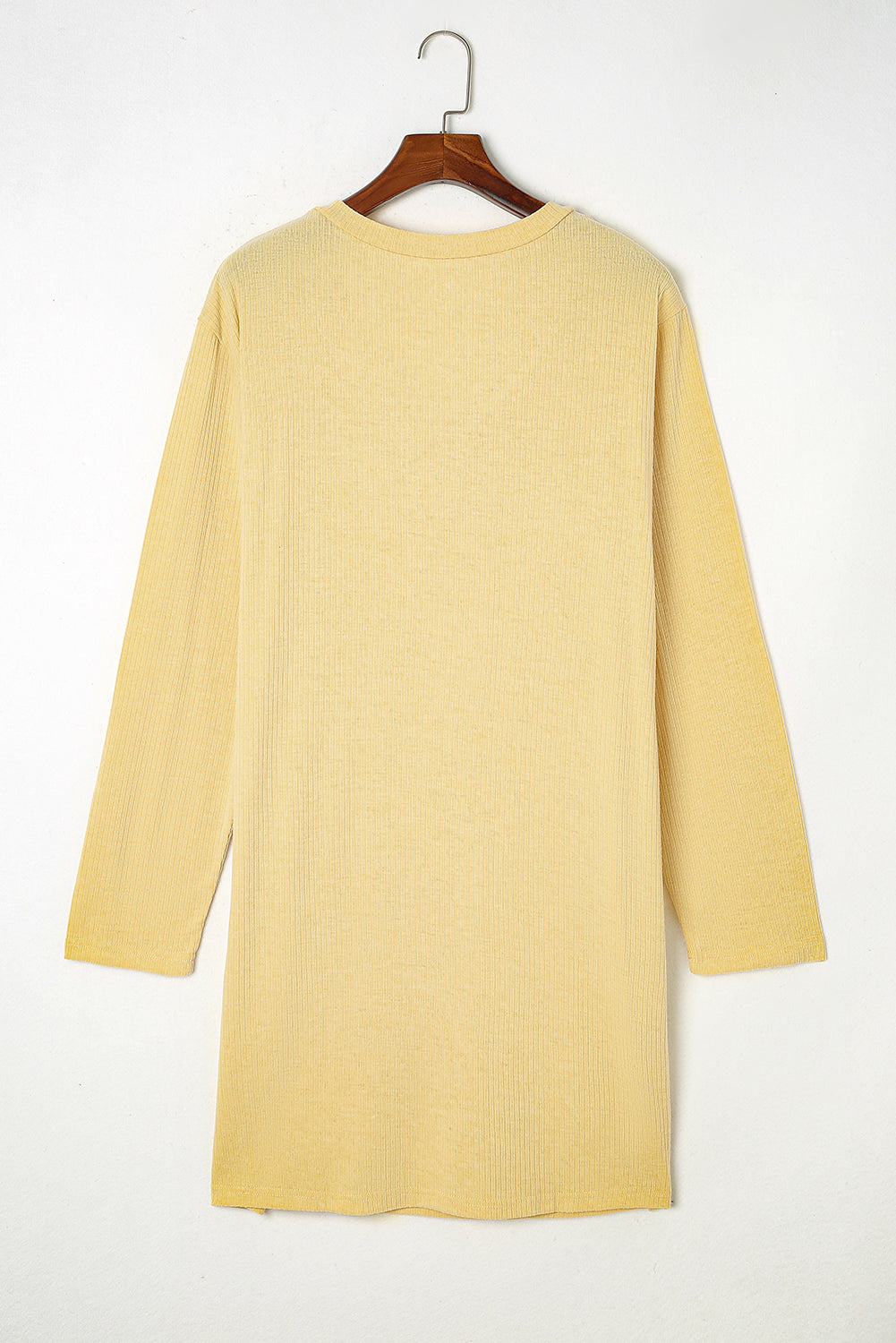 Yellow Plus Size Ribbed Long Sleeve Pocketed Henley Dress